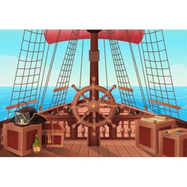 Imagem de Yeele Fundo de 2,4 x 1,8 m de desenho animado de navio pirata para fotografia de barco do mar azul mapa do tesouro pirata fundo de aventura náutica para crianças, chá de bebê, artigos de festa de