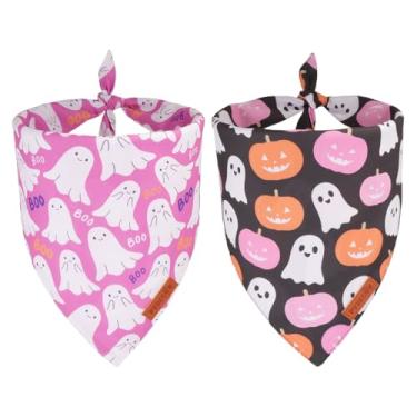 Imagem de PTDECOR Bandana para cães de Halloween, cachecol reversível com design de abóbora fantasma fofo, tecido durável premium, bandanas de Halloween rosa preto ajustável para cães de estimação médios e