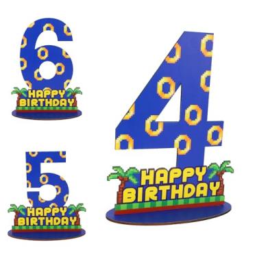 Imagem de Centro de Mesa para 4º Aniversário, Azul com Estampado Anel Dourado Suporte Madeira 4º Número com Base Decoração Festa Aniversário Infantil Peça Central de Mesa para Fotos