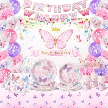 Imagem de Zhehao 200 Pcs Butterfly Party Decorations Happy Birthday Baby Shower Shortcake Supplies Including Disposable Paper Plates Cups Cutlery Sets Tablecloth Balloon Napkins Straws Backdrop Banner