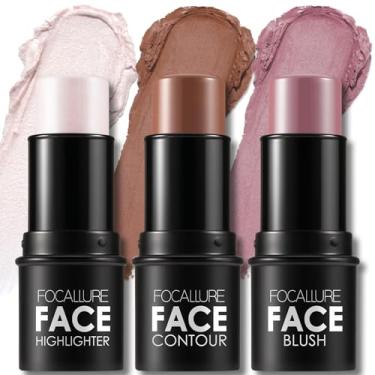 Imagem de FOCALLURE 3 palitos de contorno de creme, tons com iluminador, bronzeador e blush, caneta de contorno facial de longa duração não oleosa, fácil de esculpir o rosto e criar uma maquiagem de acabamento