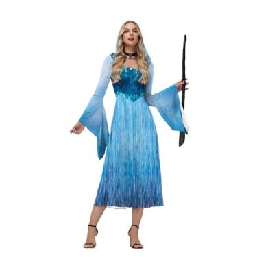 Imagem de Vestido feminino de bruxa com capuz, manga comprida, estampa retrô, fantasia de Halloween, cosplay, Vestido Azure Icefall, G