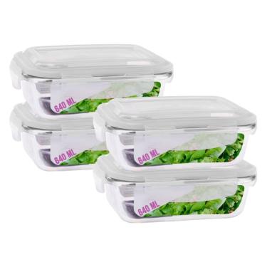 Imagem de Jogo 4 Potes Vidro Retangular 640ml Marmitas Mantimentos Frutas