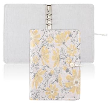 Imagem de SUPERFINDINGS A5 fichário 6 anéis, capa recarregável, 23 x 16 cm, capa de planejador pessoal de folhas soltas com botão amarelo floral, fichário para caderno A5, refil de papel (sem refil de papel)