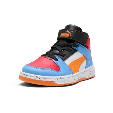 Imagem de PUMA Tênis unissex infantil Rebound Layup Mid Hook and Loop, branco-rickie laranja-time azul-claro Ss25, 12 Little Kid