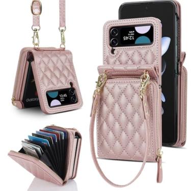 Imagem de Bolsa crossbody com zíper, bolsa carteira de couro para Samsung Galaxy Z Flip 5 4 3 Flip5 Flip4 5G alça longa capa de cordão, ouro rosa, para Samsung z flip 3