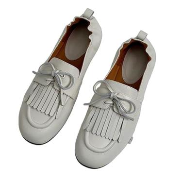 Imagem de Archicolor Mocassim feminino francês elegante retrô borla elástica minimalista macio feito à mão couro bovino sapatos rasos femininos, Bege, 40