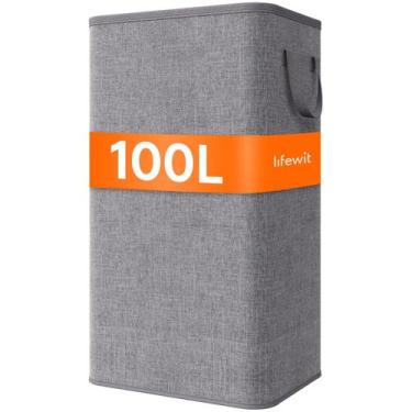 Imagem de Cesto de roupa suja Lifewit 100L grande com alças cinza claro