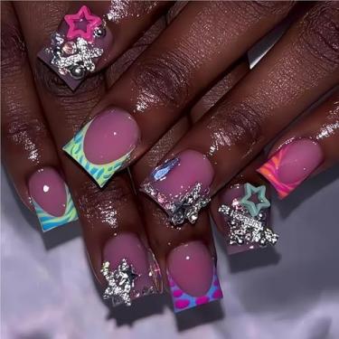 Imagem de Unhas postiças quadradas curtas de ponta francesa, boca de pato com design de estrela de strass 3D, unhas postiças, forma de pato, acrílico com glitter, pingentes de unhas, cola nas unhas, 24 peças