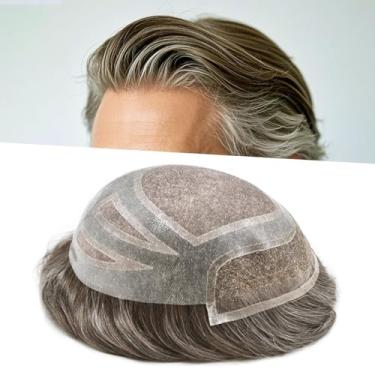 Imagem de Sistema de cabelo durável para homens com renda francesa frente peruca masculina peruca natural fina mono peruca para homens 20 x 25 cm 120% densidade leve a média # 540 castanho claro médio + 40%