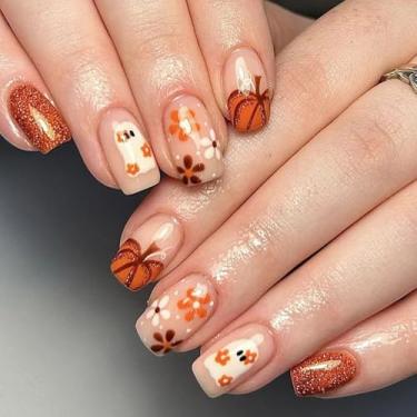 Imagem de Unhas postiças quadradas médias com desenhos de flores de abóbora fantasma, unhas de acrílico, cola brilhante nas unhas, glitter dourado, unhas postiças, nude, Halloween, 24 peças