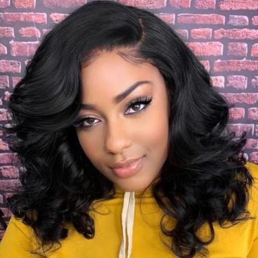 Imagem de Body Wave 13x6 HD Lace Front Wigs Blend Human Hair 180% Densidade Bob Peruca Pré Arrancada Perucas Curtas para Mulheres Negras Peruca Frontal Sem Cola Cabelo Sintético Preto Natural Ondulado Solto