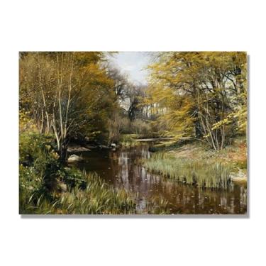Imagem de Pinturas a óleo famosas, (uma paisagem de rio arborizado) por Peder Mork Monsted, reprodução impressa em tela, arte de cenário para decoração de sala de estar. Somente tela de 70 x 98 cm - 27,5 x 38,6