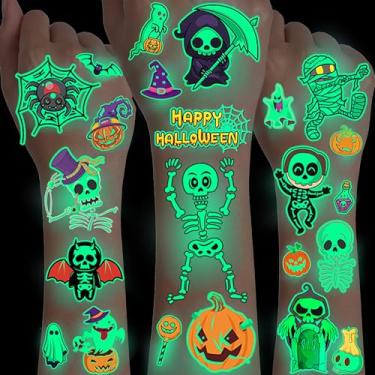 Imagem de 10 folhas de desenhos animados que brilham no escuro, tatuagens temporárias de Halloween para crianças, meninos, meninas, rosto, braço, brilho noturno 3D, gato, abóbora, bruxa, morcego, aranha