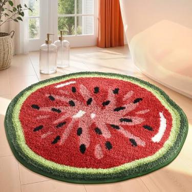 Imagem de Tapete redondo de frutas de 60 cm, tapete redondo de fatia de melancia vibrante com tapete felpudo de microfibra ultra absorvente macio e antiderrapante, tapete lavável na máquina para banheiro