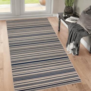 Imagem de USTIDE Tapete moderno de juta fácil 7,5 x 12,7 cm, azul, listrado, interior/exterior, tapete lavável para pátio, triângulo, interior, para sala de estar, sala de jantar, dormitório, deck varanda
