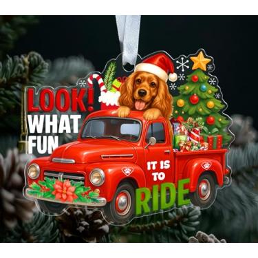 Imagem de ABNSDesigns Enfeite de Natal de cachorro Cocker Spaniel acrílico - Veja que diversão é andar - Decoração de árvore de Natal de caminhão vermelho - Lembrança festiva para pendurar