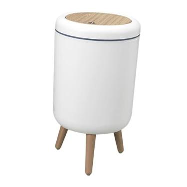 Imagem de IEUDNS Lixeira com tampa, cesto de lixo com tampa de pressão, redondo, lixeira moderna e resistente, tampa de pressão nórdica para berçário, cozinha e quarto, Grão de Madeira para Piso