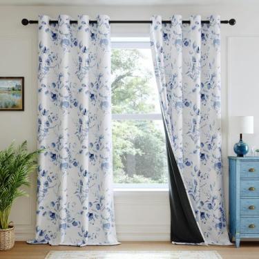 Imagem de Cortinas Xwincel 100% Blackout Floral 214 cm azuis 2 painéis