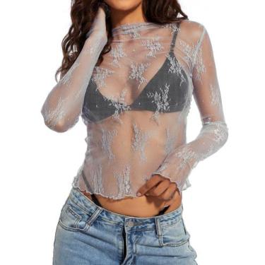 Imagem de Blusa feminina RONGCAT, malha de renda, manga comprida, cinza transpar