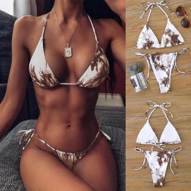 Imagem de Conjunto de biquíni feminino sexy tie-dye com cadarço com corte alto e