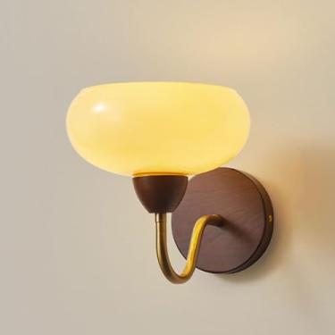 Imagem de Luminária de parede vintage em madeira de nogueira, arandela moderna, dourada antiga, com fiação, cúpula de vidro creme, luminária de cabeceira retrô Wabi Sabi de madeira maciça para quarto,
