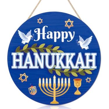 Imagem de TOARTi Placa 3D Happy Hanukkah Welcome Front Door Hanging (29 x 28 cm), decoração de parede rústica de castiçal de chanucá, decoração de casa de fazenda judaica de madeira para escritório em casa