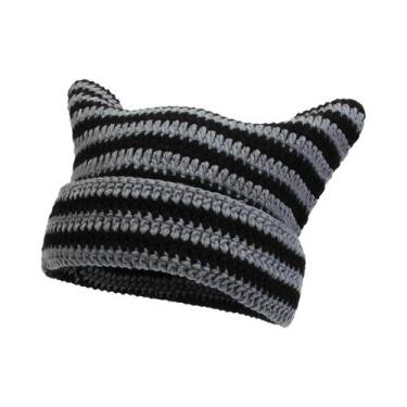 Imagem de Gorro De Inverno Feminino Quente De Crochê Acrílico Com Orelhas De Gat