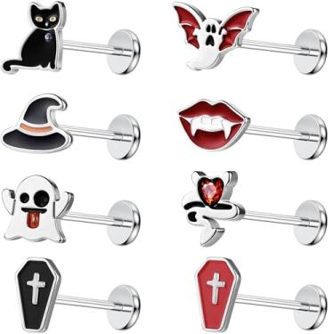 Imagem de PunkTracker 8 peças de brincos de costas planas hipoalergênicos para o dia das bruxas, fio interno cirúrgico de aço inoxidável tragus helix cartilagem concha nariz Monroe Labret Medusa piercing joia