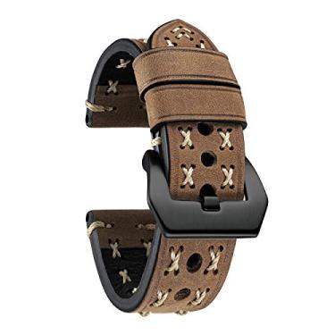 Imagem de BINLUN Pulseira Couro Legítimo Cavalo Louco Couro Óleo Rustico Camada Superior Artesanal Formato X Rota Homens Mulheres Fivela Preto Prata, 22mm Marrom-C/Fivela Preto