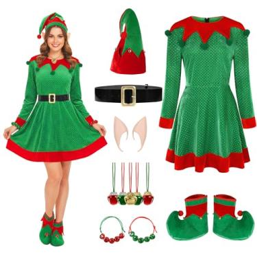 Imagem de Tinyones Conjunto de fantasia de elfo de Natal feminino, 11 peças, traje festivo de Natal com orelhas de elfo, chapéu, sapatos, 5 colares de sino, 2 pulseiras de sino (2GG)