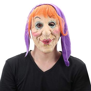 Imagem de Máscara feminina de bruxa velha com cabelo e bandana para fantasia de Halloween, festa laranja