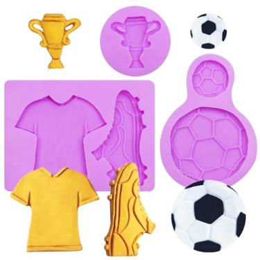 Imagem de Infovox Conjunto de moldes de silicone para esportes de futebol, moldes de fondant com design de bola de jérsei de troféu roxo, moldes de resina para artesanato de 10 x 10 cm para argila de fondant de