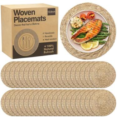 Imagem de Elcoho 40 peças de jogo americano de tecido redondo de 33,8 cm Boho Rattan Placemats de fazenda trançados, carregadores, tapetes de mesa de vime rústicos para mesa de jantar