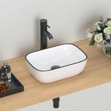 Imagem de J-FAMILY Lavatório de banheiro pequeno de 35 x 25 cm, acima do balcão, tigela de cerâmica de porcelana branca, acabamento preto, decoração pequena, lavatório de lavatório