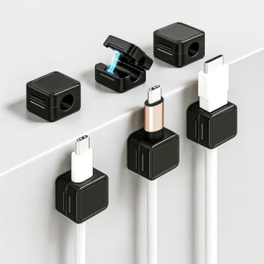 Imagem de Pacote com 6 organizadores de cabos magnéticos extra fortes – clipes magnéticos de cabo com adesivo para mesa, carro e casa, suporte de cabo universal para carregadores, cabos USB e HDMI - preto