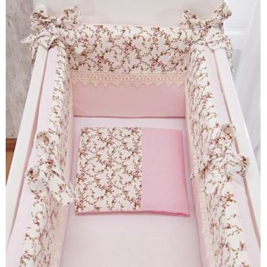 Imagem de Kit para mini berço de Bebê Rosa Floral Sara 5Peças para Colchao de La
