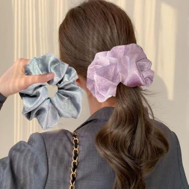Imagem de Pacote com 2 laços de cabelo decorativos grandes com glitter, elásticos de cetim para mulheres, macios que seda para cabelo, gravatas modernas e faixas para penteados grossos (azul, roxo)