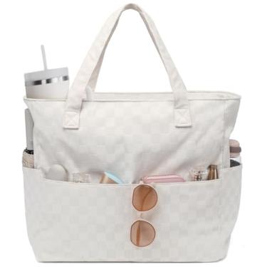 Imagem de LEDAOU Bolsa de praia feminina à prova d'água à prova de areia, bolsa de piscina com zíper para academia, compras, viagem, com bolso molhado, Grade bege claro, One Size