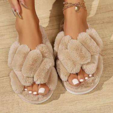 Imagem de Pantufas femininas de pelúcia felpudas com sola antiderrapante para uso interno e externo, tamanco quente sem cadarço para inverno, outono, maternidade, pós-parto