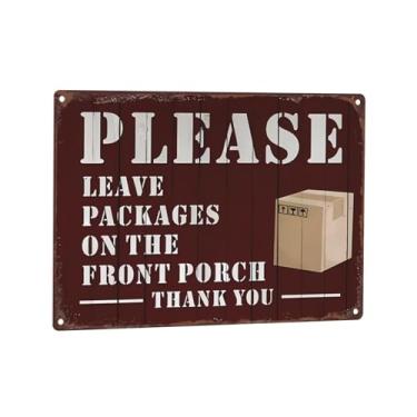 Imagem de Placa de metal rústica vintage 20 x 30 cm - Deixe pacotes na varanda da frente Obrigado, aviso retrô, citação, decoração de parede de ferro durável para caverna masculina, garagem, pátio, bar e