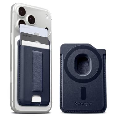 Imagem de Spigen Suporte magnético para cartão Sleekband (MagFit) projetado para MagSafe e Pixelsnap com suporte elástico para 3 cartões compatíveis com iPhone 16/15/14/13/12 Pixel 10 Series - Azul marinho