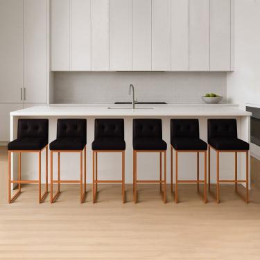 Imagem de Kit 6 Banquetas Alta Lirina C05 Industrial Aço Assento Madeira Altura 73 cm Preto e Bronze D'Rossi