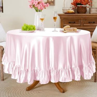 Imagem de Entisn Toalha de mesa redonda com babados de 224 cm, capa de mesa de cetim rosa inclui acabamento de 12 cm para mesa de 76 a 182 cm, lavável e resistente a amassados, decoração sedosa para banquete