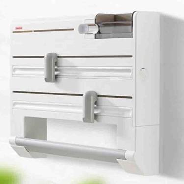 Imagem de Suporte de parede para armazenamento de cozinha, dispensador de papel de plástico, cortador de filme de estanho