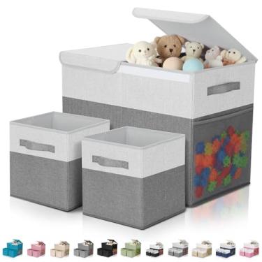 Imagem de Fiwochic Pacote com 3 caixas de armazenamento de brinquedos grandes de 58 cm com caixas de armazenamento de cubos de 28 cm, baú organizador de brinquedos dobrável com tampas para berçário, sala de