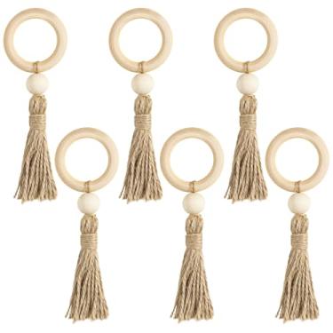Imagem de LUMINFLY Conjunto de 6 anéis de guardanapo de madeira feitos à mão com borlas de juta, porta-guardanapos boêmios rústicos para casamentos e festas