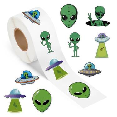 Imagem de 500 adesivos alienígenas rolo de desenho animado verde UFO decalques de vinil autoadesivos à prova d'água para decorações de festa de aniversário suprimentos favores scrapbook envelopes selos DIY
