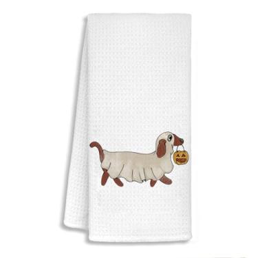 Imagem de STHTTSW Toalhas de cozinha de Halloween Ghost Dachshund, presentes para amantes de dachshund, toalhas de chá de prato Weiner Dog, presentes decorativos para banheiro, decoração de banheiro de cachorro