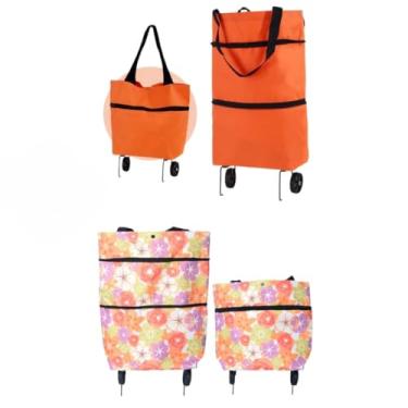 Imagem de Carrinho De Feira Dobrável Supermercado Sacola Bolsa de Compras Com Rodinhas e Alça (Laranja + Flor Laranja)